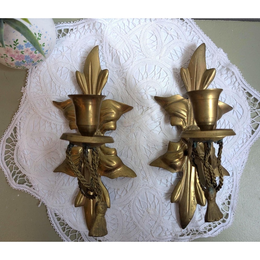 Vintage Brass Wall Candle Sconces Pair Fleur de Lis Hollywood Regency Gold
